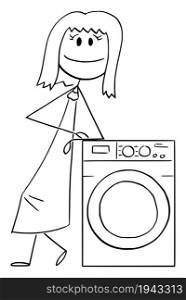 Seller or woman showing and leaning towards dryer, vector cartoon stick figure or character illustration.. Woman or Seller Leaning Towards or Showing Dryer, Vector Cartoon Stick Figure Illustration