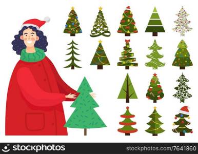 Seller pointing on assortment of shop. Isolated set of pine trees in different shapes and forms. Spruce made of ribbons decorated with baubles. Female character wearing Santa Claus hat. Vector in flat. Woman Showing Different Pine Trees, Smiling Seller