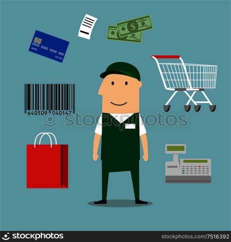 Seller profession and retail icons including a bag, till or cash register, credit card payment, bar code and bag of groceries around a shop seller. Seller man and retail industry icons