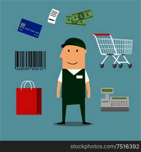 Seller profession and retail icons including a bag, till or cash register, credit card payment, bar code and bag of groceries around a shop seller. Seller man and retail industry icons