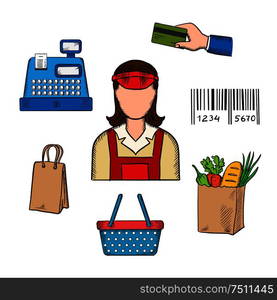 Seller profession and shopping icons of bag, till or cash register, credit card payment, bar code and bag of groceries around a female shop assistant. Seller profession and shopping icons