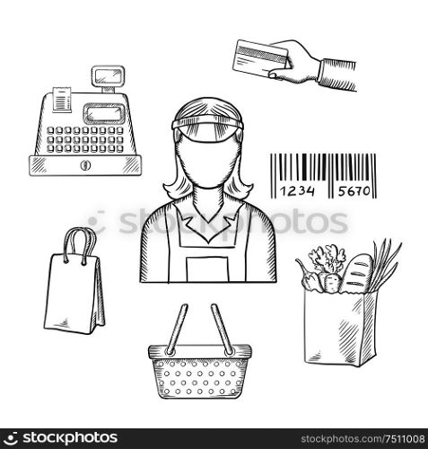 Seller profession with shopping icons including a bag, cash register, credit card, payment, bar code and groceries around a female shop seller. Sketch style vector. Seller profession and shopping sketched icons