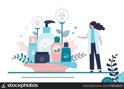Seller provides discount on natural cosmetics. Assortment of different organic products. Various bottles, tubes and jars with label. Concept of store, skincare and business. Flat vector illustration. Seller provides discount on natural cosmetics. Assortment of different organic products. Various bottles, tubes and jars with label