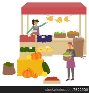 Seller retailing watermelon and melon, bell pepper, cucumber and tomato, banana and apple. Harvester holding bowl with zucchini, market place vector. Market Place with Vegetables and Fruit Vector
