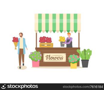 Seller with flowers in pots vector, male selling flora growing in small containers, shop with decor and gifts, romantic customer holding bouquet of roses. Flower Shop at Street, Isolated Summer Market