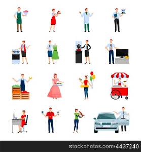 Sellers Decorative Icons Set. Sellers decorative icons set with sale of flowers cars icecream house feed for pet isolated vector illustration