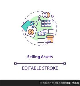 Selling assets concept icon. AM component idea thin line illustration. Stock sale. Business selling. Tangible and intangible stock. Vector isolated outline RGB color drawing. Editable stroke. Selling assets concept icon