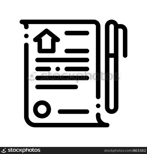 Selling Buying Agreement Vector Thin Line Icon. Building Sale And Rent Agreement Contract And Pen Pencil, Web Site, Smartphone Application Linear Pictogram. Garage And Skyscraper Contour Illustration. Selling Buying Agreement Vector Thin Line Icon