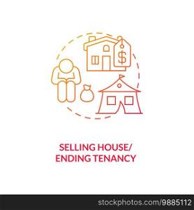 Selling house, ending tenancy red gradient concept icon. Financial crisis. Debtor difficulty. Eviction notice. Bankruptcy idea thin line illustration. Vector isolated outline RGB color drawing. Selling house, ending tenancy red gradient concept icon