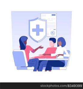Selling insurance isolated concept vector illustration. Licensed agent sells peer to peer insurance to couple, showing document, business industry, company representative vector concept.. Selling insurance isolated concept vector illustration.