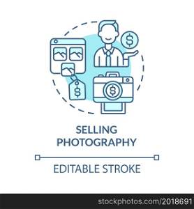 Selling photography blue concept icon. Making money online approach abstract idea thin line illustration. Selling photos online. Vector isolated outline color drawing. Editable stroke. Selling photography blue concept icon