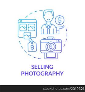 Selling photography blue gradient concept icon. Making money online approach abstract idea thin line illustration. Stock photography website. Commercial work. Vector isolated outline color drawing. Selling photography blue gradient concept icon