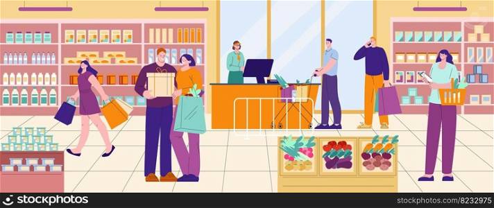 Selling vegetables, supermarket shopping with trolley. Family buy on market. Grocery store customers, cartoon people and shelves with products, kicky vector scene of supermarket shop illustration. Selling vegetables, supermarket shopping with trolley. Family buy on market. Grocery store customers, cartoon people and shelves with products, kicky vector scene