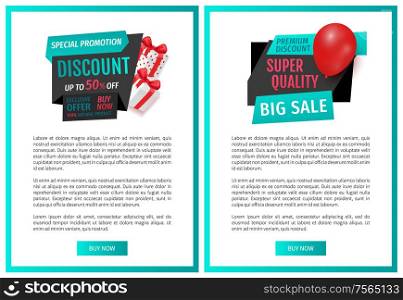Sellout and clearance, store promotion web pages templates vector. Inflatable balloon and present from shop, special offer, exclusive product price reduction. Sellout and Clearance, Store Promotion Web Pages