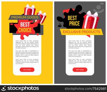 Sellout and special shop offer, price off vector web site templates. Presents decorated with tape and bows.Premium goods and best choice blot on banner. Sellout and Special Shop Offer, Price Off Vector