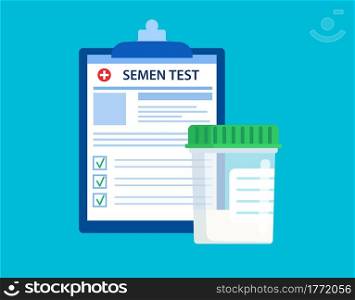 semen test Plastic jar and medical lab analysis form list with results data. Medical semen test records concept. Chemical laboratory analysis. Vector illustration in flat style. semen test Plastic jar