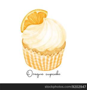 semi realistic homemade orange favour cupcake sweet watercolour illustration vector banner isolated on white background.