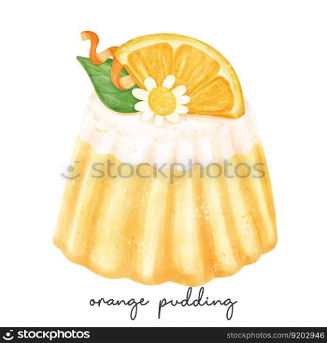 semi realistic homemade orange favour pudding jelly sweet watercolour illustration vector banner isolated on white background.