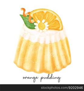 semi realistic homemade orange favour pudding jelly sweet watercolour illustration vector banner isolated on white background.