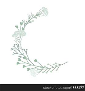 Semicircular frame with plants, branches and grass. Tender round flat hand drawn border. Vector circle lagoon element for greeting cards, invitation cards and your design.. Semicircular frame with plants, branches and grass. Tender round flat hand drawn border. Vector circle lagoon element