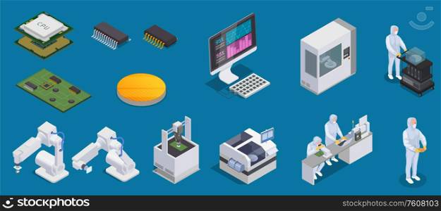 Semiconductor chip production isometric set with isolated icons of microprocessors production facilities and characters of workers vector illustation