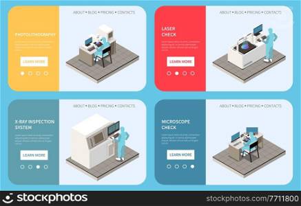 Semiconductor chip production set of horizontal banners with isometric images of factory facilities buttons and text vector illustration. Chip Production Horizontal Banners