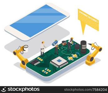 Semiconductor element in smartphone concept with hardware symbols isometric vector illustration. Semiconductor Element Concept