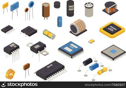 Semiconductor element production icons set with technology symbols isometric isolated vector illustration