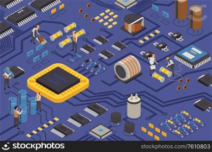 Semiconductor element production isometric composition with construction workers on circuit board moving capacitors transistors and microprocessors vector illustration. Semiconductor Element Production Composition