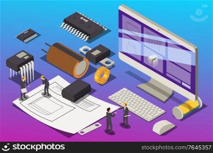 Semiconductor element production isometric composition with project working place computer and small workers with silicon chips vector illustration. Semiconductor Project Design Composition