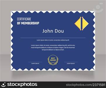 Seminar membership certificate design template. Vector diploma with customized copyspace and borders. Printable document for awards and recognition. Teco Light, Semibold, Arial Regular fonts used. Seminar membership certificate design template