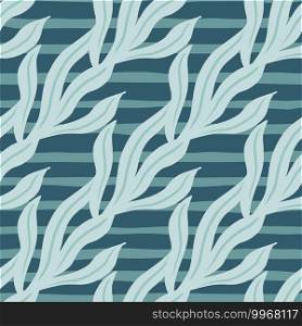 Semless pattern with blue vintage leaves silhouettes. Striped white and navy blue background. Designed for fabric design, textile print, wrapping, cover. Vector illustration. Semless pattern with blue vintage leaves silhouettes. Striped white and navy blue background.