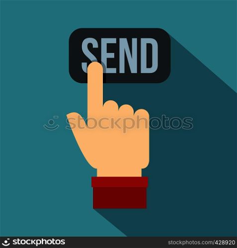 Send button and hand icon. Flat illustration of send button and hand vector icon for web isolated on baby blue background. Send button and hand icon, flat style