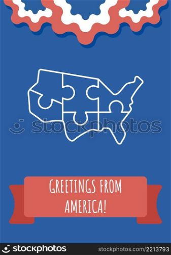 Send hello from America postcard with linear glyph icon. Greeting card with decorative vector design. Simple style poster with creative lineart illustration. Flyer with holiday wish. Send hello from America postcard with linear glyph icon