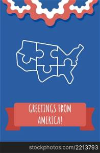 Send hello from America postcard with linear glyph icon. Greeting card with decorative vector design. Simple style poster with creative lineart illustration. Flyer with holiday wish. Send hello from America postcard with linear glyph icon
