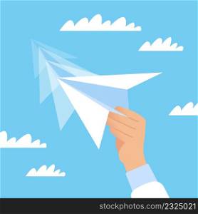Sending a message, information symbol. Send mail or online letter, internet communication technology. Hand holding white paper plane on sky background, vector cartoon flat style isolated concept. Sending a message, information symbol. Send mail or online letter, internet communication technology. Hand holding white paper plane on sky background, vector cartoon flat concept