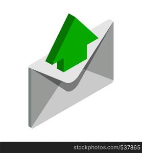 Sending email icon in isometric 3d style isolated on white background. Closed envelope with green arrow up icon. Sending email icon, isometric 3d style