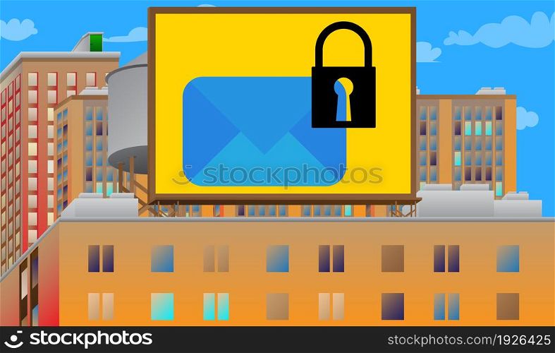 Sending encrypted E-Mail protection blue secure mail internet symbol on a billboard sign atop a brick building. Outdoor advertising in the city. Large banner on roof top of a brick architecture.
