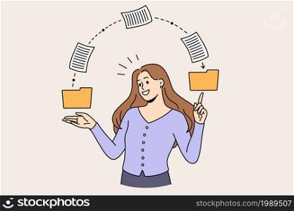 Sending information and knowledge concept. Young smiling woman professional standing pointing at files going from one file holder to another vector illustration . Sending information and knowledge concept.