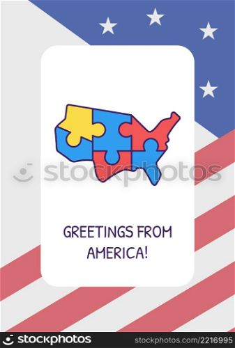 Sending love from USA greeting card with color icon element. American flag. Postcard vector design. Decorative flyer with creative illustration. Notecard with congratulatory message. Sending love from USA greeting card with color icon element