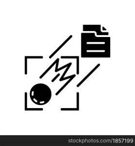 Sending pictures of space black glyph icon. Capturing celestial bodies with artificial satelite. Interplanetary research mission. Silhouette symbol on white space. Vector isolated illustration. Sending pictures of space black glyph icon
