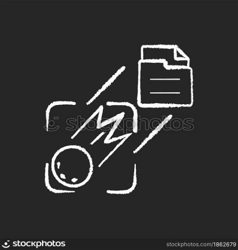 Sending pictures of space chalk white icon on dark background. Capturing celestial bodies with artificial satelite. Interplanetary research mission. Isolated vector chalkboard illustration on black. Sending pictures of space chalk white icon on dark background