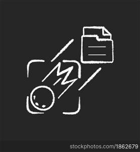 Sending pictures of space chalk white icon on dark background. Capturing celestial bodies with artificial satelite. Interplanetary research mission. Isolated vector chalkboard illustration on black. Sending pictures of space chalk white icon on dark background