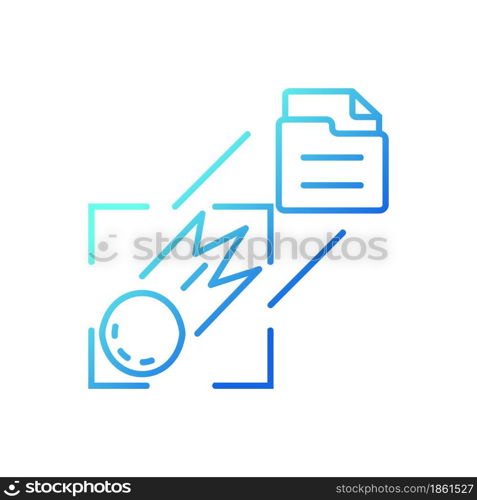 Sending pictures of space gradient linear vector icon. Capturing celestial body. Interplanetary research mission. Thin line color symbol. Modern style pictogram. Vector isolated outline drawing. Sending pictures of space gradient linear vector icon