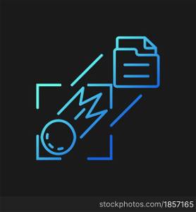 Sending pictures of space gradient vector icon for dark theme. Capturing celestial bodies with artificial satelite. Thin line color symbol. Modern style pictogram. Vector isolated outline drawing. Sending pictures of space gradient vector icon for dark theme