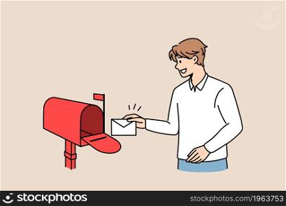 Sending post letter service concept. Young smiling man cartoon character standing putting envelope with letter into red post office box vector illustration . Sending post letter service concept.