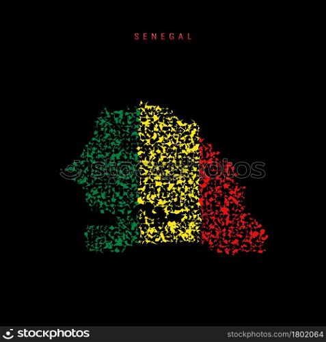Senegal flag map, chaotic particles pattern in the colors of the Senegalese flag. Vector illustration isolated on black background.. Senegal flag map, chaotic particles pattern in the Senegalese flag colors. Vector illustration