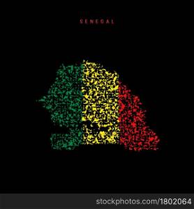 Senegal flag map, chaotic particles pattern in the colors of the Senegalese flag. Vector illustration isolated on black background.. Senegal flag map, chaotic particles pattern in the Senegalese flag colors. Vector illustration