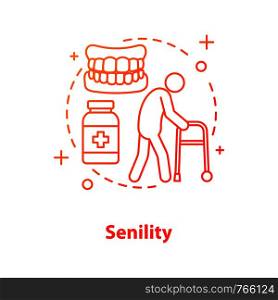 Senility concept icon. Elderly medical care idea thin line illustration. Old man with walker, dentures and medication. Vector isolated outline drawing. Senility concept icon