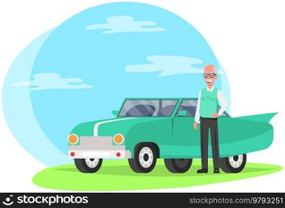Senior bald man with glasses and vest next to his personal transport. Elderly male character with gray hair. Pensioner, retired person stands near retro car. Granddad, grandfather vector illustration. Senior bald man next to his personal transport. Elderly male character in glasses near retro car